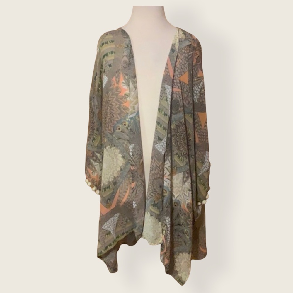 UMGEE Boho Print Pom Trim Open Front Kimono